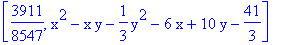[3911/8547, x^2-x*y-1/3*y^2-6*x+10*y-41/3]